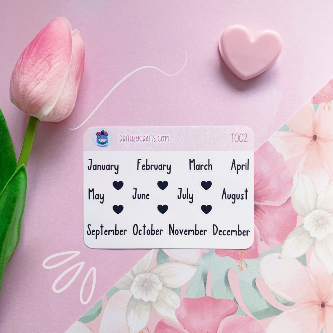 Months of the year scripts and hearts - T002