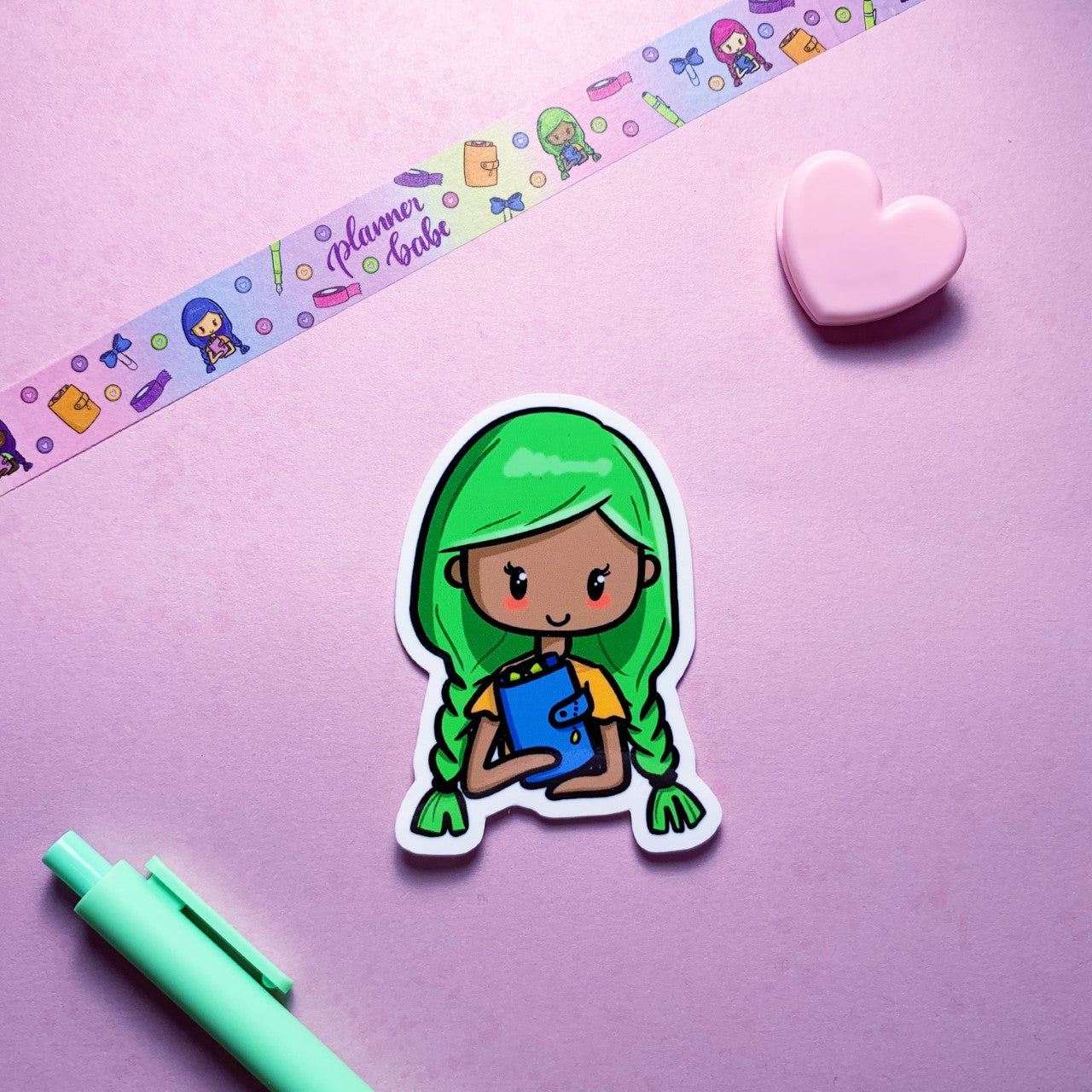 Planner Babe - Green hair, tan skin - Vinyl sticker