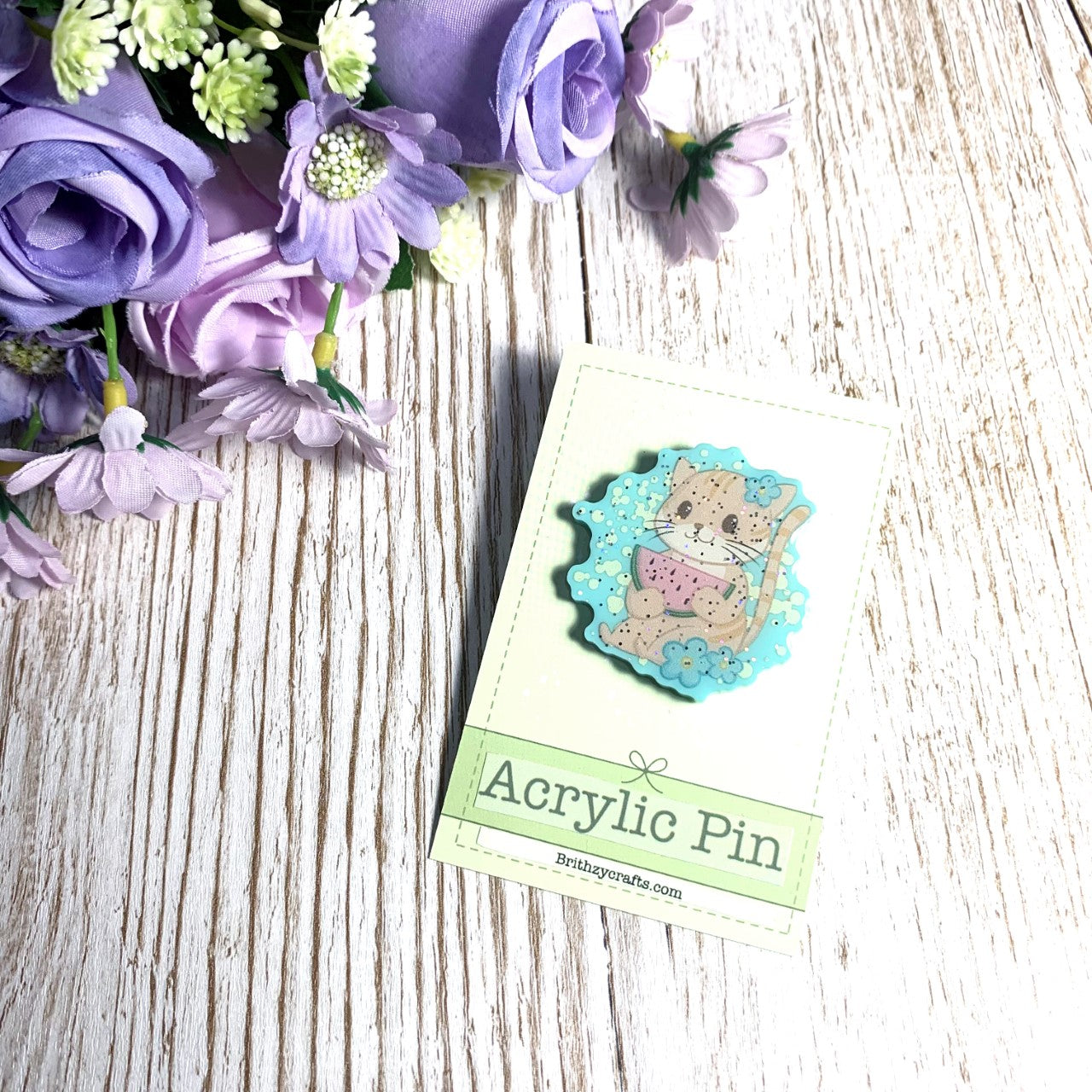 Watermelon Cat - Acrylic Pin with Resin Dome