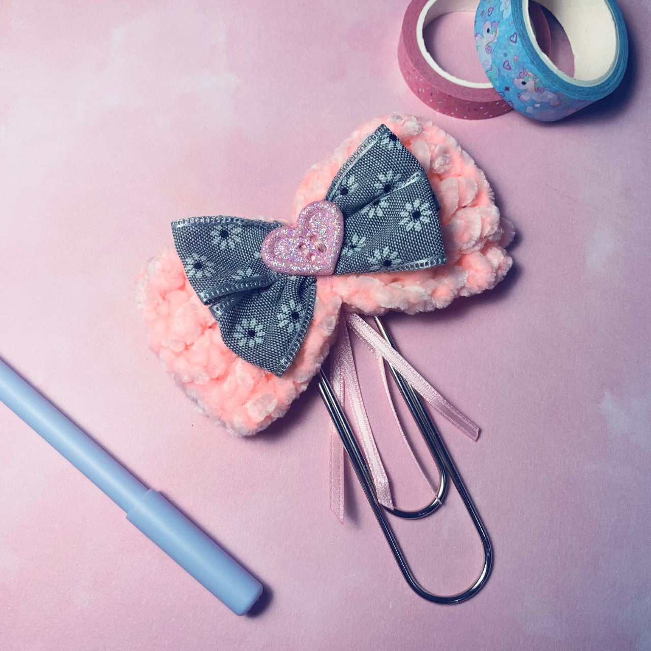 Heart pink and grey bow Planner / Paper clip - Jumbo size