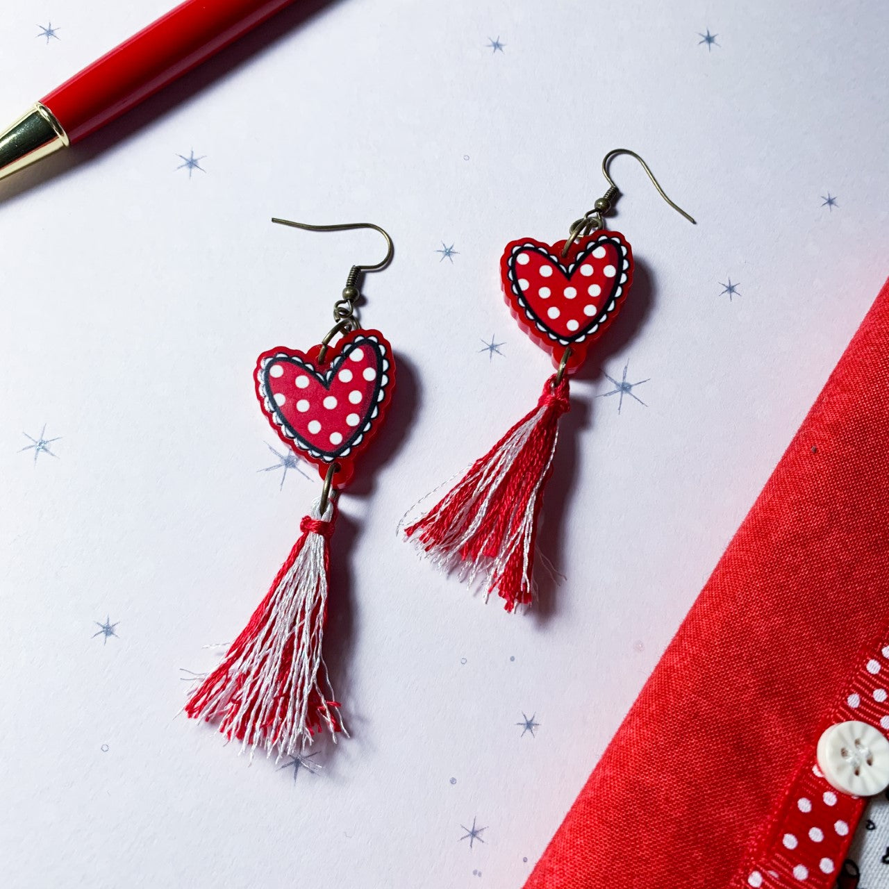Polka dot hearts Tassel Earrings