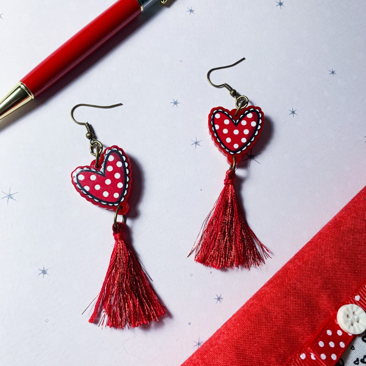 Polka dot hearts Tassel Earrings