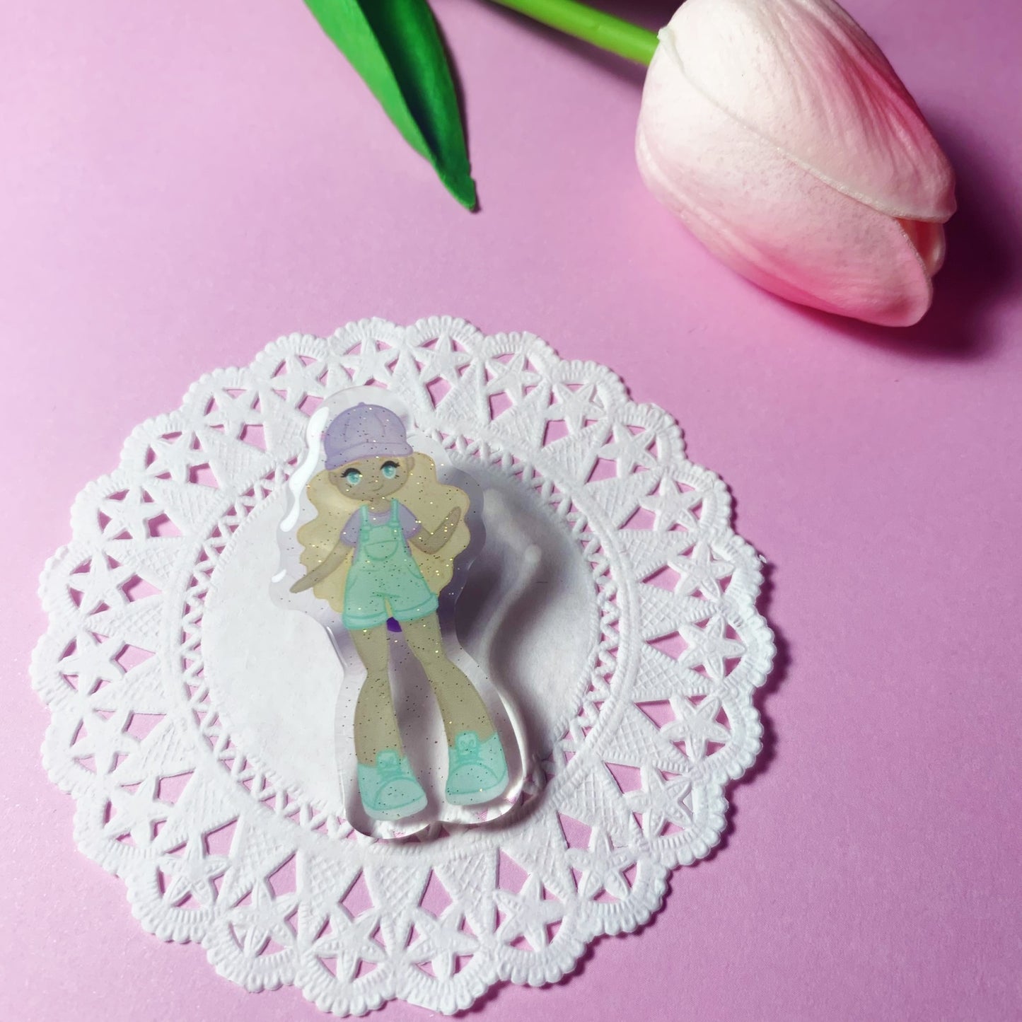 Spring girl - dark skin - Glitter Epoxy Acrylic Pin