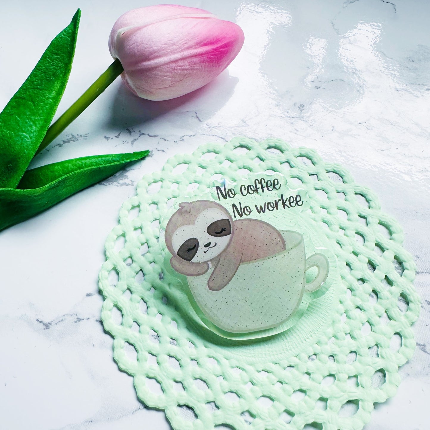 No coffee no workee - Sloth - Glitter Epoxy Acrylic Pin