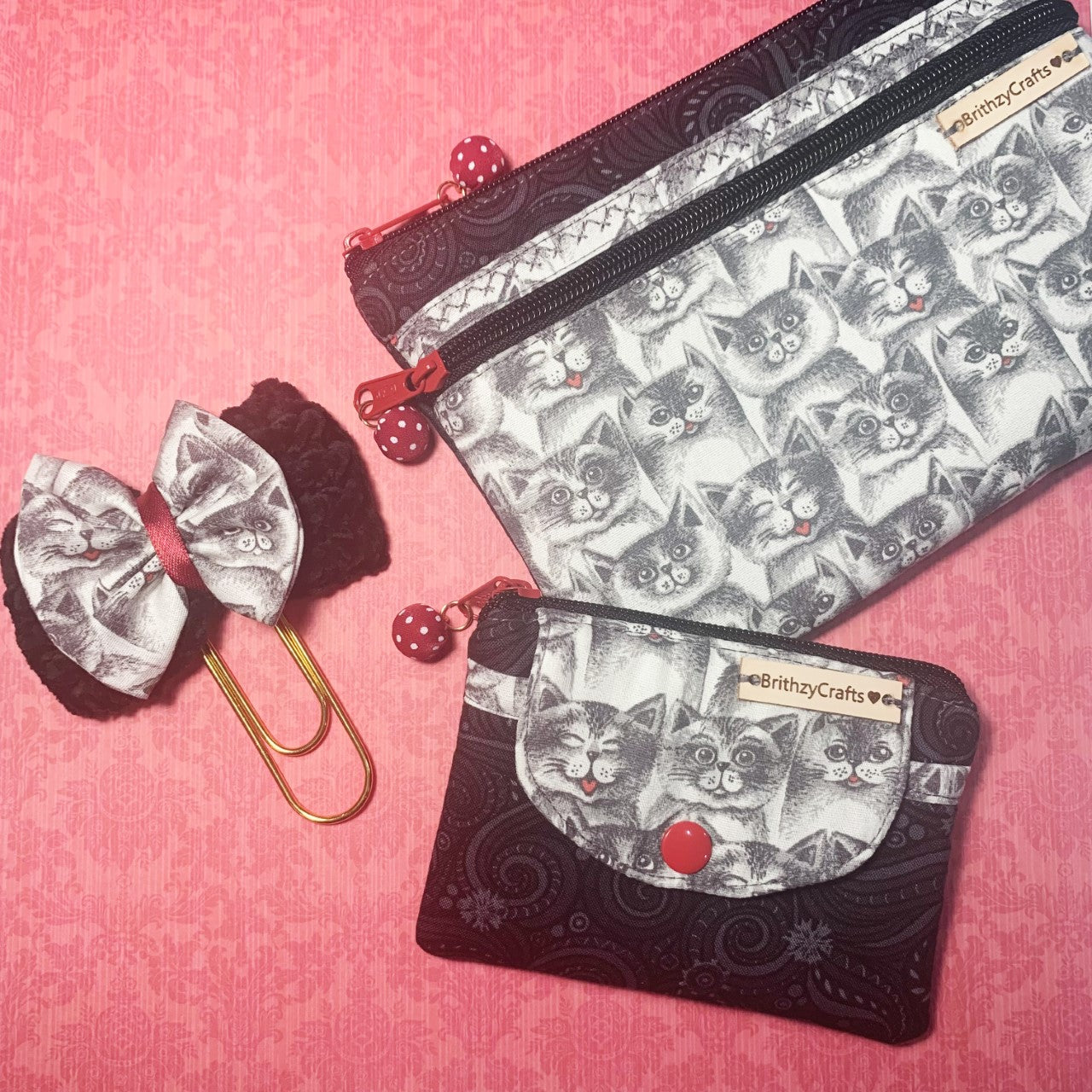 Cute cat faces - double pocket Pouch, matching coin purse and clip