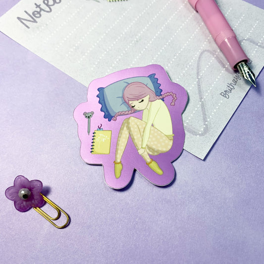 Sleepy planner girl - matte mirror sticker