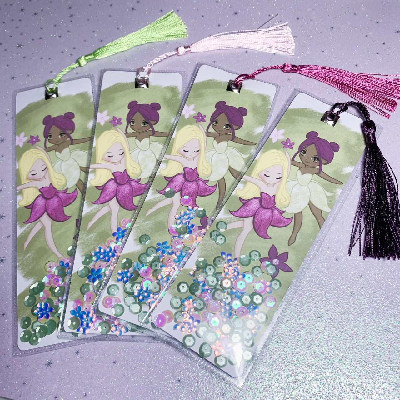 Fairies shaker bookmark - with sequins and tassel