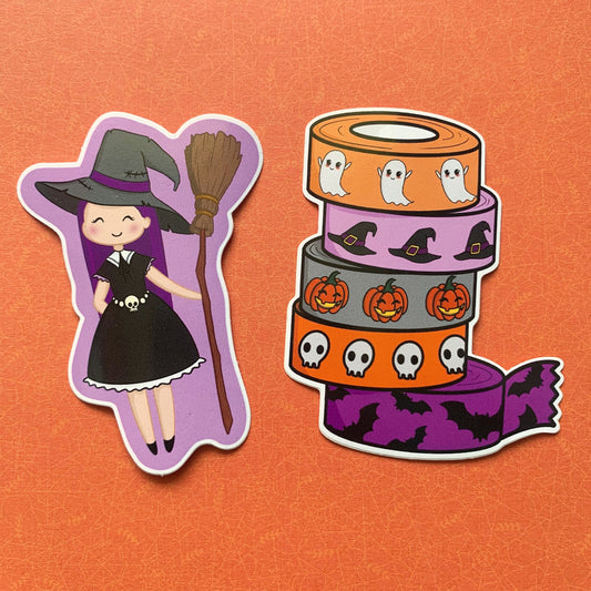 Halloween Vinyl Stickers - Little Witch and Washi Tape Pile