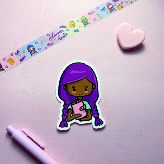 Planner Babe - Purple hair, dark skin - Vinyl sticker