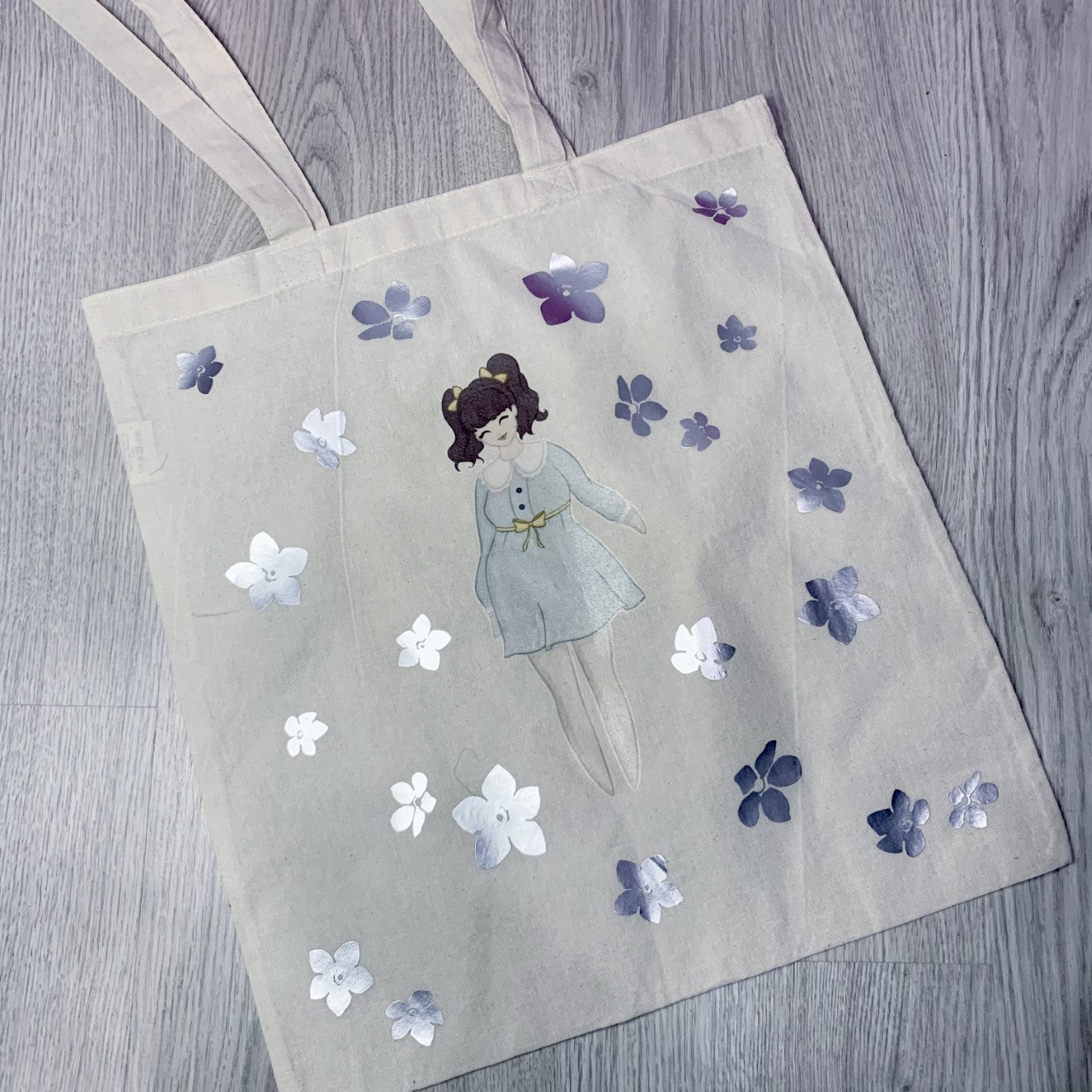 LIMITED - The Flower Girl Tote bag - with silver vinyl