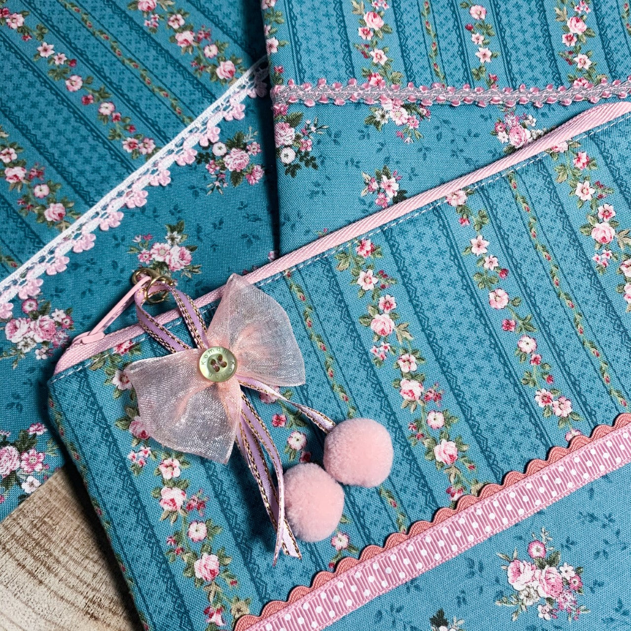 Teal and pink vintage style pouch